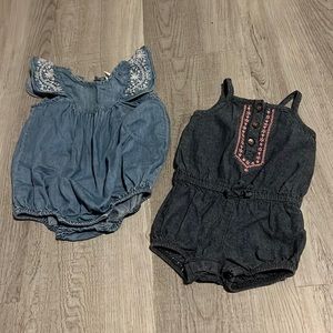 A bundle of jean rompers : carters 3 Mo (darker blue); old Navy 3-6 Mo